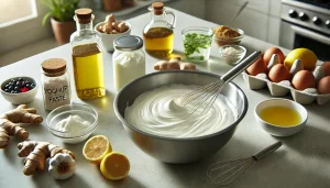 In a large mixing bowl, whisk together the yoghurt, ginger-garlic paste, lemon juice, and vegetable oil until smooth