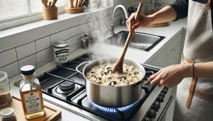 In a separate bowl, combine the mushroom soup and water, then gradually add it to the rice mixture