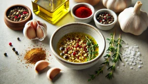 In a small bowl, mix together the olive oil, minced garlic, paprika, thyme, salt, and pepper