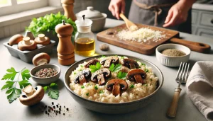 Serve the risotto garnished with more parmesan, roasted mushrooms, black pepper, and parsley