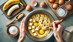 Add in the mashed very ripe bananas and eggs, mixing them into the butter-sugar mixture