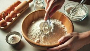 Gradually add the dry ingredients mix to the batter, stirring gently until well incorporated