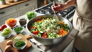 In a large bowl, combine the cooled rice, chopped vegetables, herbs, and dressing. Toss everything together until well mixed.