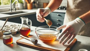 In a separate bowl, mix the honey or maple syrup with the lukewarm water until dissolved