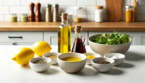 In a separate bowl, whisk together the dressing ingredients. This can include olive oil, vinegar (such as balsamic or red wine vinegar), lemon juice, mustard, and your choice of spices and herbs.