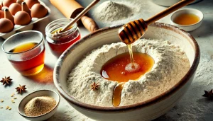 Pour the honey or maple syrup mixture into the well of the dry ingredients