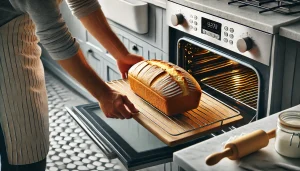 Remove the bread from the oven and let it cool in the tin for a few minutes before transferring it to a wire rack to cool completely