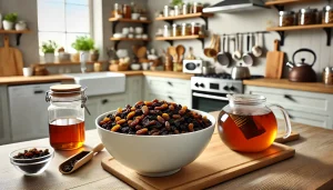 The first step is to soak the sultanas and raisins overnight in the tea to plump them up and infuse them with a rich flavor