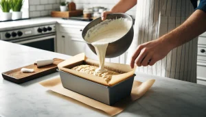 Transfer the mixture to a loaf tin lined with parchment paper and smooth the top