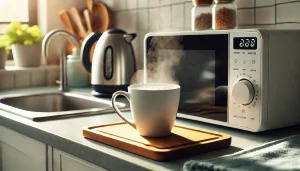 In a separate cup or mug, heat some water