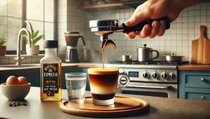 Pour the hot water over the espresso shot