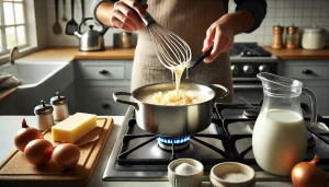 Slowly pour in the milk while whisking rapidly and constantly to prevent clumps from forming