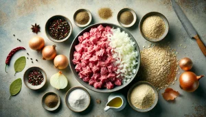 In a large mixing bowl, combine the dicedgrated lamb pluck with coarse oatmeal, suet, chopped onions, black pepper, ground coriander, and mace. Mix well to create the haggis filling