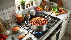 Add the rinsed lentils to the pot and stir well to combine with the vegetables