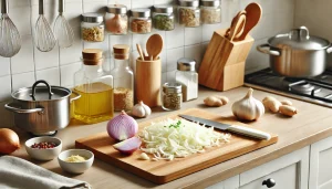 Finely chop the onion, garlic, and ginger, ensuring they are ready for cooking