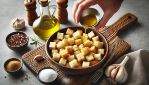 In a bowl, toss the bread cubes with olive oil, garlic powder, and salt