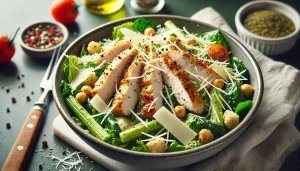 Serve the Chicken Caesar Salad immediately, garnished with extra Parmesan cheese and additional toppings if desired