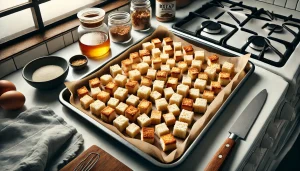 Spread the bread cubes on a baking sheet and bake for 10-15 minutes, or until golden and crispy