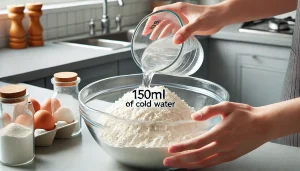 Gradually add 150ml of cold water while mixing with a fork or your hands until a soft dough forms