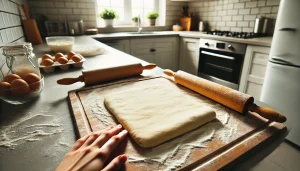 Roll the dough into a rectangular shape, approximately 1 cm thick