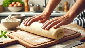 Starting from one of the shorter ends, gently roll the dough into a tight log shape