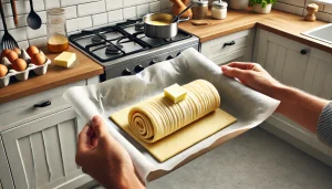 Wrap the rolled pastry in a piece of buttered baking parchment