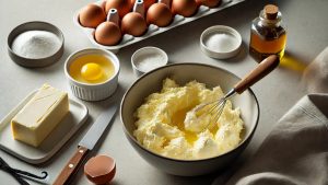 In a bowl, cream the softened butter and sugar until light and fluffy. Add the eggs one at a time, beating well after each addition. Stir in the vanilla extract